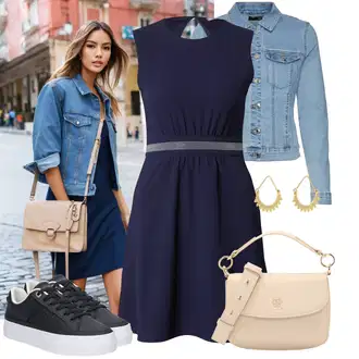 Outfit s Modrá/Tmavě modrá Žerzejové Šaty/Pouzdrové Šaty/Šaty Do Áčka/Šaty Bez Rukávů/Ležérní Šaty/Skater šaty/Šaty Fit & Flare About You "Praktický vzhled"