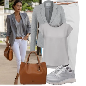 Outfit s Šedá/Khaki/Bílá 7/8 Kalhoty/Boyfriend Kalhoty/Twillová Kalhoty/Navlékací Kalhoty/Business Kalhoty/Bavlněná Kalhoty/Úzká Kalhoty B.young "Módní outfit pro volný čas"