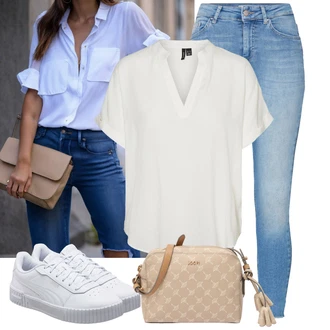 Outfit s Šedá/Bílá/Krémová/Béžová/Hnědá/Khaki/Světle šedá Halenka a Tunika Tunika/Halenka Móda Pro Plnoštíhlou VERO MODA "Praktický vzhled"
