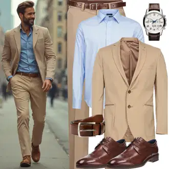 Outfit mit HellBlau/Blau Hemdbluse/Casual Hemd/Bügelfreies Hemd/Businesshemd/Business Hemd Tommy Hilfiger "Old Money Beige Still"