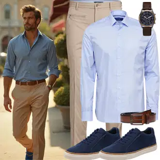Outfit mit HellBlau/Blau Hemdbluse/Casual Hemd/Bügelfreies Hemd/Businesshemd/Business Hemd Tommy Hilfiger "Old Money Casual Look"