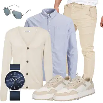 Keilabsatz Outfit mit Beige/Khaki/Creme Schuh Sneaker Low/Schmaler Sneaker/Vintage Sneaker/Leder Sneaker/Teddy Sneaker/Sommer Sneaker Marc O'Polo "Old Money Style für Männer"