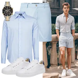 Outfit mit HellBlau/Blau Hemdbluse/Casual Hemd/Bügelfreies Hemd/Businesshemd/Business Hemd Tommy Hilfiger "Old Money Summer Look"