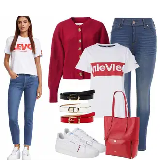 Outfity pro volný čas s Vínová/Tmavě červená/Tmavě modrá/Růžová/Červená/Hnědá koton, Červená Taška Přes Rameno/Malá Taška/Brašna/Sportovní Taška Přes Rameno Pieces "Outfit pro léto"