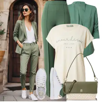 Outfit s Khaki/Světle zelená/Tmavě zelená/Bílá/Béžová/Zelená Bota Teniska na platformě/Tenisky s Bočním Zipem/Nízká Teniska/Letní tenisky/Teniska s dírkovaným vzorem/Plátěná teniska/Úzká teniska/Vintage teniska/Kožené tenisky Guess "Letní vzhled pro módní ženy"