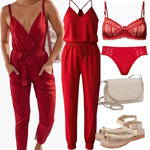 Kombinace Červená Slavnostní Overall/Overal s půlkulatým výstřihem/Overal se širokými nohavicemi/Letní Overall/Elegantní Overal Lascana