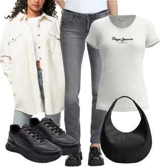 outfit mit Siva/Temno Siva/Svetlo Siva Usnjena Jakna/Kavbojka z Nizkim Pasom/Kavbojka z Nizkim Pasom/Gležnarji/Ozke Kavbojke/Ravne Kavbojke/Regular Fit Kavbojke/Usnjene Čevlje Guess "poletna obleka"