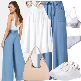 Chic Outfits Poslovna mit Svetlo modra/Modra Nagubane hlače/Obleka Hlača/Hlače z Visokim Pasom/Marlene Hlača/Hlače iz muslina/Palazzo Hlača/Hlača z Razporkom/Plisirane Hlače/Plisirane spredaj hlač/Široka Hlača about you x laura giurcanu "Poletni prosti čas Pogled"Look: Stil, Poslovna, Pisarna, Stari denar, Zunaj