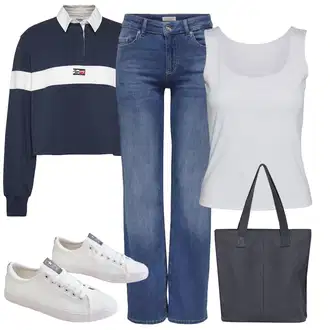 outfit mit Temno modra/Modra Kratka majica/Majica Vrh/Kratki top/Polo majica/Športna majica/Majica z dolgimi rokavi/Majica z ovratnikom/party Majica Tommy Jeans "poletni videz"