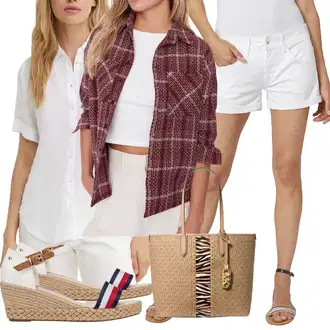 outfit mit Temno rdeča/Rjava/Rdeča/Škrlatna/Vinsko rdeča Obrezana majica/Karirasta Srajca/Flanelasta srajca Trendyol "poletni videz"