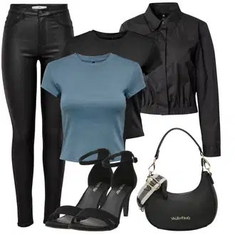 Poletne Outfiti Stari denar mit Črna Hlače iz Imitacije Usnja/Usnjena pajkica/Leginge v Videzu Usnja/Usnjena Hlača/Skinny Hlače/Lack Pajkica JdY "poletni videz"Look: Stil, Kul, Stari denar, Brez šivov, Techno, Mokrega videza