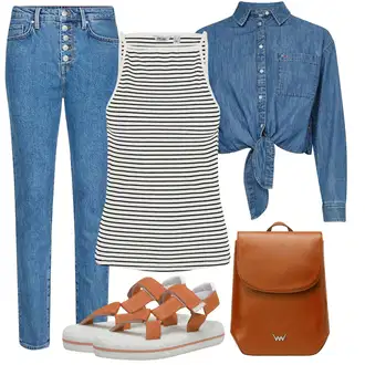 Style Outfits Western mit Modra/Svetlo modra Denim srajca Tommy Jeans "poletni videz"Look: Fina, Univerzitetni, Lepo, Western, Cowgirl, 90. leta, Delovna oblačila
