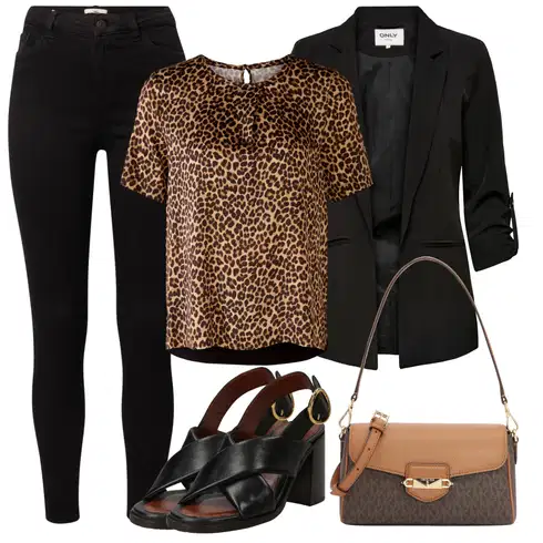 Leopard Bluze velike velikosti kombinirajte z Črna Hlače ESPRIT, Blejzerji z Dvojnim Zapenjanjem/Blejzerji s Perjem/Blazer iz Tvida/Blazer v smokingu/Blazer za Prosti Čas/Blazer iz blaga only petite, Rjava Torbe za čez ramo MICHAEL Michael Kors, Rjava/Črna Sandali z blok peto/Sandali/Women's Leather shoes/Sandali s peto/Čevlji s trakovi/Vintage sandali See By Chloé, Rjava/Temno rjava Srajce & majice velikih velikosti/Tunike/Bluze velike velikosti Oui