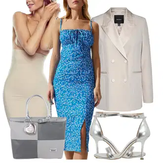 outfit mit Modra Obleka z naramnicami/Obleka ravnega kroja/Obleka z naramnico/Obleka brez naramnic/Poletna obleka/Obleka s potiskom/Midi obleka/Nicki obleka/Drzno Oblačilo/Bodycon Obleka/Oprijeta obleka happiness İstanbul "poletni videz za elegantne ženske"