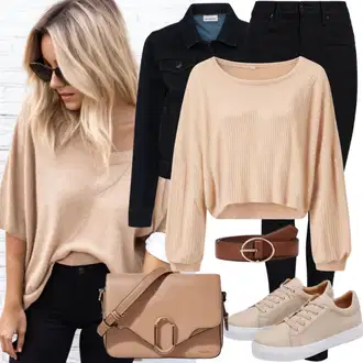 Kratka outfit mit Krem/Bela/Rjava/Bež Vezena bluza/Elegantna Bluza/Boho bluza/Vrh Bluze/Crash bluza/Usnjena jakna/Prozorna bluza/Razigrana bluza/Svilena Bluza/Izredna Bluza/Odprta Bluzka happiness İstanbul "Popoln za jesen"