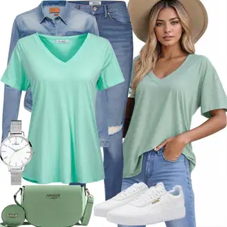 Z biseri outfit mit Svetlo zelena/Zelena/Khaki Ovitek za majico/Majica s kratkimi rokavi/Majica Vrh/Pletena majica/Slap-izrez majica/Casual Majica/Priložnostni Vrh/Klasična Dolžina/Majica moodo "Popolno Za Poletje"