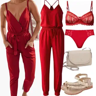 outfit mit Mešane barve/Bež/Roza/Rdeča/Rumena Široki Kombinezon/Poletni Kombinezon/Poročna Kombinezona/Plissee Kombinezon/Praznični Kombinezon AX Paris "Popolno Za Poletje"