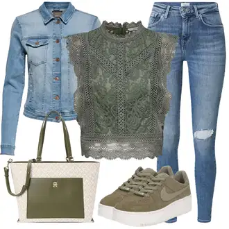 za srednje godine Outfit sa Zeleno/Tamnozelena Crop Top Čipka/Gornja majica/Čipkasti Top/Top Bez Rukava/Muške cipele Only "Odličan za slobodno vrijeme"Look: Stil, Irski, za srednje godine, Techno, Western, Ekstravagantno