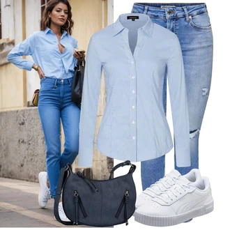 Casino Outfit s Světle modrá Halenka Slim Fit/Halenkové Body/Žehlení odolná blůza/Halenka s Dlouhým Rukávem/Businessová Halenka/Blůza s knoflíčkem More & More "Lehký outfit"Look: Chatky, Den matek, Škola, Zvláštní příležitosti, Biřmování, Opera, Bazén, Galavečer, Bar, Banka, Casino, Oktoberfest, 40. narozeniny