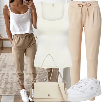 Outfit s Béžová/Khaki Mrkvová Kalhoty/Ležérní Kalhoty/Látková Kalhoty/Žerzejová Kalhoty/Jogger Kalhoty/Mušelínové kalhoty/Paperbag Kalhoty/Úzká Kalhoty/Navlékací Kalhoty/Střmenová Kalhoty Ichi "Lehký outfit"