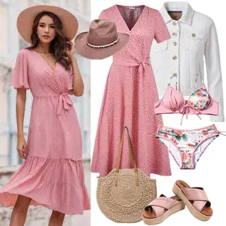 Outfity pro léto Pracovní oděvy s Bílá Krátký Bund/Jarní bunda/Krátký Bund/Krátké Džínové Bundičky/Košilová bunda Mango "Růžové Šaty Letní Vzhled"Look: 90tá léta, Cool, Egirl, Moderní, Mom, Univerzitní, Pracovní oděvy