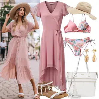 Výstřih na ramena Outfit s Růžová Pouzdrové Šaty/Šifonové Šaty/Šaty S Kosticí/Občanské šaty/Babydoll Šaty/Tunikové šaty/Letní Šaty/Halenkové Šaty Naf Naf "Růžový Letní Vzhled"