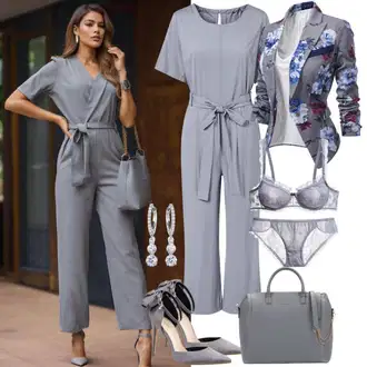 Šik Svatovski gost Outfit sa Svjetlosiva/Siva Kombinezon širokih nogavica/Elegantni Kombinezon/Svečani Kombinezon/Ljetni Kombinezon/Vjenčanje Kombinezon Only "Savršen Izgled Za Sastanak"Look: Rap, Za Kuću, 20-ih godina, Šik, Jazz, Mom