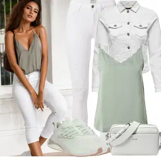Outfity pro léto Pracovní oděvy s Šedá/Krémová/Bílá/Světle šedá Džínové Bund/Krátký Bund/Letní Bund/Košilová bunda/Krátký Bund/Krátké Džínové Bundičky Only "Letní vzhled pro módní ženy"Look: Univerzitní, Western, Pracovní oděvy
