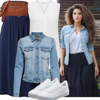 Outfit s Tmavě modrá Midi Sukně/Sukně Pro Matriku/Sukně do Délky Lýtka/Elastická Sukně/Křesťanská Sukně/Sukně Pro Vysokou Školu Minimum "Letní vzhled pro módní ženy"