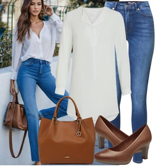 Elegantní Outfit s Bílá/Šedá/Fialová/Krémová Klasická tunika/Dlouhá Halenka/Elegantní Tunika Vila "Módní outfit pro volný čas"Look: Styl, Babydoll, Kancelář, Příliš oblečený, Nadrozměrné, Univerzitní, Elegantní