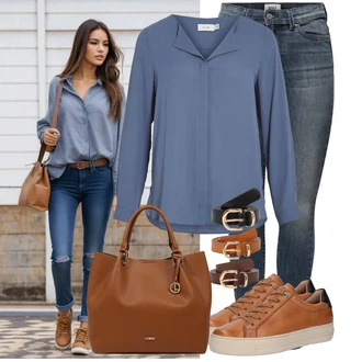 Zapínání na knoflíky Outfit s Šedá/Modrá/Světle modrá Halenka se Stojatým Límcem/Slip-on Halenka/Halenka S 3/4 Rukávem/Halenka s Dlouhým Rukávem/Kožená bunda/Jednobarevná Halenka/Halenkový Top/Tunikové Tričko/Businessová Halenka/Blůza s knoflíčkem Vila "Módní outfit pro volný čas"