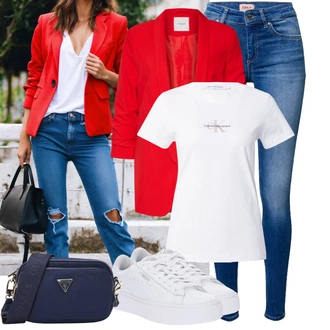 Outfit s Modrá/Světle modrá Kožená bunda/Džín s Nízkým Pasem/Džíny s Rozparkem/Kožené Boty/Džíny s Nízkým Sedem/Slim Fit Džíny/Push up Džín/Navlékací džíny Only "Módní outfit pro volný čas"