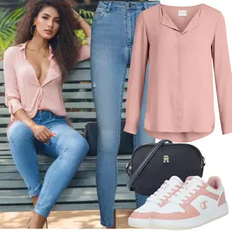 so sponou Outfit s Růžová Blůza s knoflíčkem/Slip-on Halenka/Halenkový Top/Kožená bunda/Halenka se Stojatým Límcem/Halenkové Body/Hedvábná Halenka/Halenka s Dlouhým Rukávem/Tunikové Tričko/Jednobarevná Halenka/Dlouhá Halenka Vila "Letní vzhled pro módní ženy"