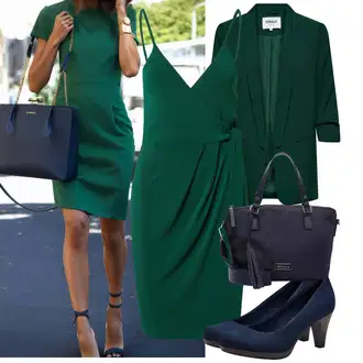 Outfit s Tmavě zelená/Zelená/Tyrkysový Žerzejové Šaty/Zavinovací Šaty/Pouzdrová Šat/Šaty na tenké ramínko About You "Lehký outfit"