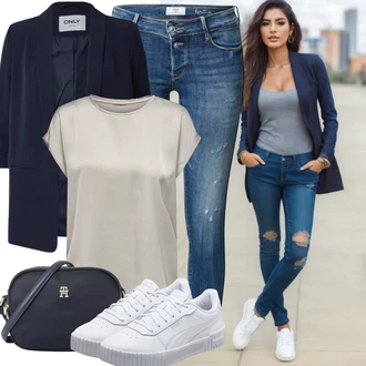 Outfit s Modrá/Tmavě modrá Kožené bundy/Džíny s Dírou/Push up Džín/Zkrácené Džíny/Džíny s Rozparkem/Džín s Nízkým Pasem/Navlékací džíny/Kotníková Bota/Džíny s Nízkým Sedem/Kožená bunda/Capri Džíny/Dámské Džíny s Délkou 7/8/Zimní bunda le temps des cerises "Letní vzhled pro módní ženy"