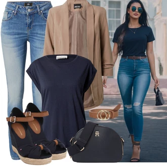 Vysoké Podpatky Outfit s Tmavě modrá/Béžová/Světle modrá Bota Na Klínku/Espadrilka s klínovým podpatkem/Lodička na klínku/Dámská lodička na klínovém podpatku/Letní Bota/Sandál na klínku Tommy Hilfiger "Letní vzhled pro módní ženy"