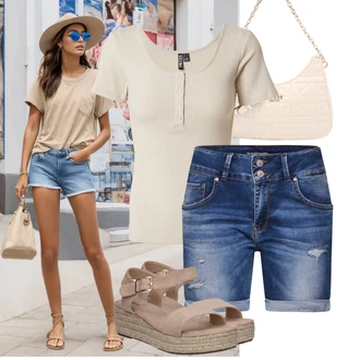 Zapínání na knoflíky Outfit s Vícebarevný/Růžová/Hnědá/Zelená Košile Bermuda/Pytlovitý Šortky/Džínový Šortky LTB "Módní outfit pro volný čas"