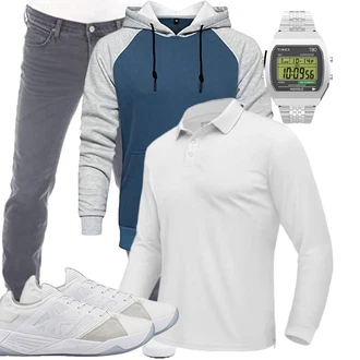 Vintage Outfit mit Grau/Dunkelblau/Blau Kapuzenpullover/Unisex Hoodie/Hoodie/Sport Sweatshirt/Ausgefallener Hoodie/Kapuzenpullover/Sport Hoodie MANLUODANNI "Sport Outfits"Look: Hip Hop, Casual, Classic, Sportlich, Streetwear, Unisex, Vintage, Schlichte, Uni, Zuhause, Skater, Outdoor, Retro
