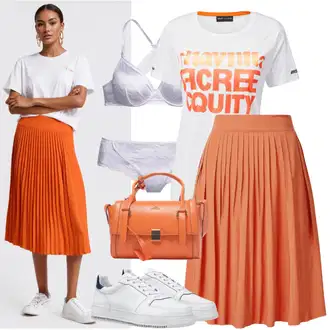 Naguban ovratnik outfit mit Rjava/Oranžna/Rdeča Moderno krilo/Velvet Krilo/Nagubano Krilo/Pletena krila/Zimska Krila/Plisirano krilo tatuum "Sproščen poletni outfit"