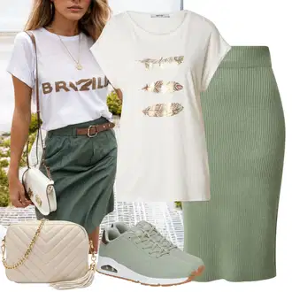 Outfit sa Tamnozelena/Zeleno/Kaki Kratke hlače velike veličine/Pletivo Veći Broj/Haljina Veći Broj Vila "Cool za slobodno vrijeme"