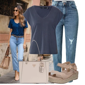 Outfit s Hnědá/Béžová Sandál Dianette/Římská sandála/Sandál S T Páskem/Rybářská sandála/Sandál se suchým zipem About You "Lehký outfit"