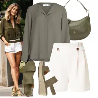 90-ich, Stil Outfit sa Siva/Tamnozelena/Kaki/Bež/Smeđa Bluza s Podignutim Ovratnikom/Bluza Dugih Rukava/Slip-on Bluza/Kožna jakna/Svilena bluza/Bluza s gumbom/Duga Bluza/Tunika Majica/Oversize Bluza Vila "Moderan outfit za slobodno vrijeme"Look: klasický, Stil, Transparentan, Ured, Vatrogasici, Prekrasan, Ležerno, Retro