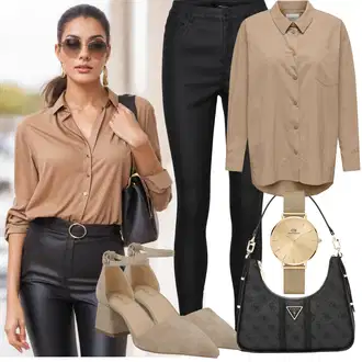Prevelik Outfit sa Smeđa/Kaki/Bež Majica Poslovna košulja/Poslovna košulja/Košulja od muslina/Ležerna košulja Only "Outfit za odmor"Look: klasický, Prevelik, Stil, Unisex, Radna odjeća, Ured, Sveučilišna