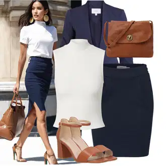 Outfit s Tmavě modrá/Krémová/Žlutá/Bílá Sukně Pro Vysokou Školu/60tého Léta Sukně/Krátká Sukně/90tá Léta Sukně/80tého Léta Sukně/Moderní Sukně/Pletená Sukně/70tá Léta MiniSukně/Tužková Sukně/Unisex Sukně/Sukně boucle Ichi "Oblečení pro volný čas"