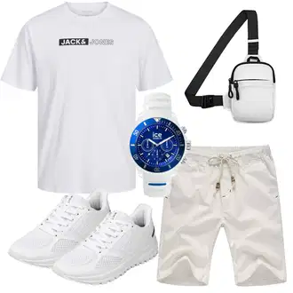 Knielang Outfit mit Khaki/Weiß Leinen-short/Chino Shorts/Kurze Hose/Musselin Shorts/Bermuda/Baggy Short Tansozer "Summer Outfit"