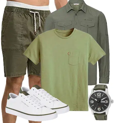 Boyfriend Dunkelgrün/Khaki Hemd Leinen-short/Cargo Short/Musselin Shorts Indicode kombinierenLook: Casual, Skater, Italienische, Outdoor, Coole, Boyfriend, Moderne, Edel, Rad, Feine, Old Money, Nahtlos