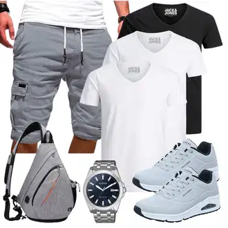 Sommer Outfit mit Grau/Hellgrau/Dunkelgrau/Khaki Baggy Short/Cargo Short/Kurze Hose/Bermuda/Musselin Shorts EMATOP "Summer Outfit"