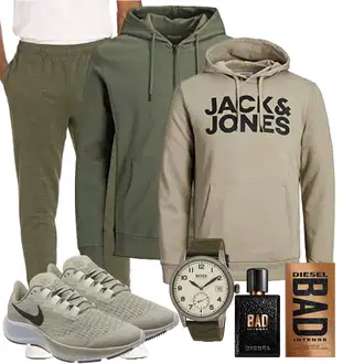 Logoprint Outfit mit Khaki/Dunkelgrün Kapuzenpullover/Sport Sweatshirt/Damen Pullover/Sport Hoodie/Ausgefallener Hoodie/Hoodie/Vintage Hoodie/Unisex Hoodie Jack & Jones "Summer Outfit"