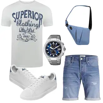 Sommer Outfits Coole mit Hellblau/Blau Jeans Short/Bermuda Jack & Jones "Summer Outfit"Look: Premium, Overdressed, Coole, Skater, Vintage, Schön