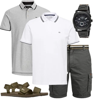 Old Money Outfit mit Khaki/Dunkelgrün/Dunkelgrau Cargo Short/Bermuda/Kurze Hose/Musselin Shorts/Chino Shorts b BLEND "Summer Outfit"Look: Casual, Moderne, Rad, Metal, Workwear, Coole, Smart Casual, Outdoor, Old Money